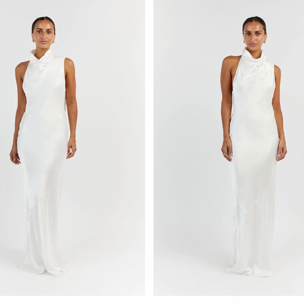 Dissh Aisle White Satin Backless Midi Dress White